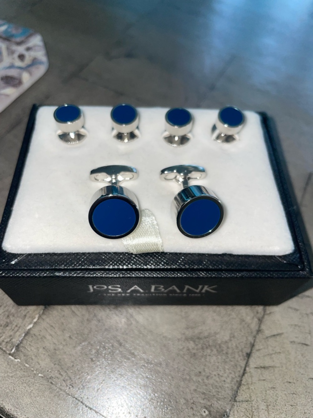 Brand New Jos. A. Bank Silver-Tone Cufflinks and Studs with Royal Blue Centers
